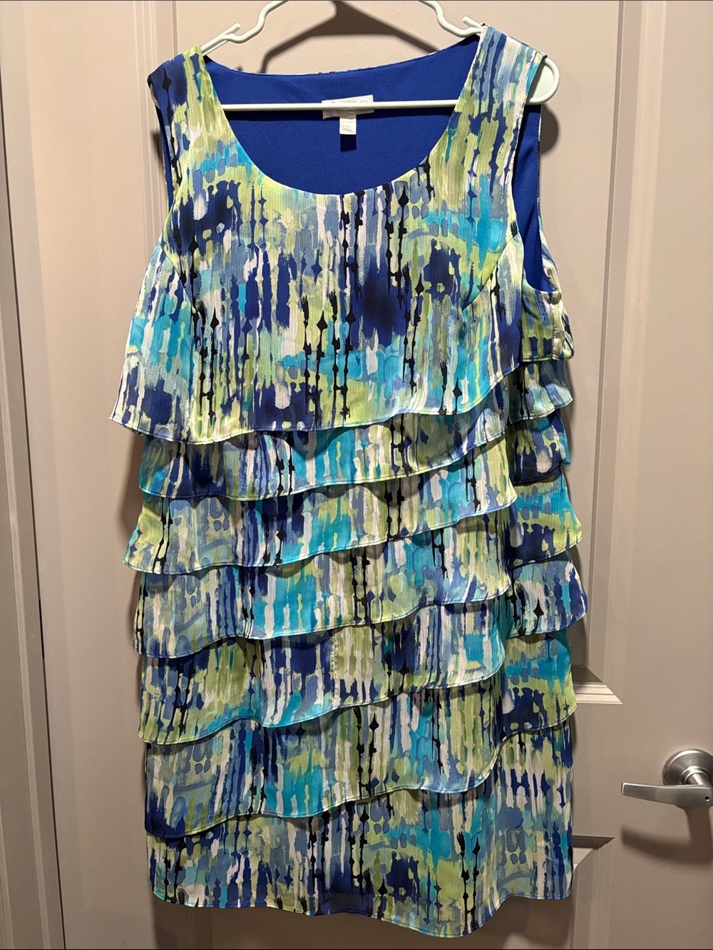 DressBarn Tiered Ruffle Dress 16 Blue Aqua Abstract Sleeveless Lined
